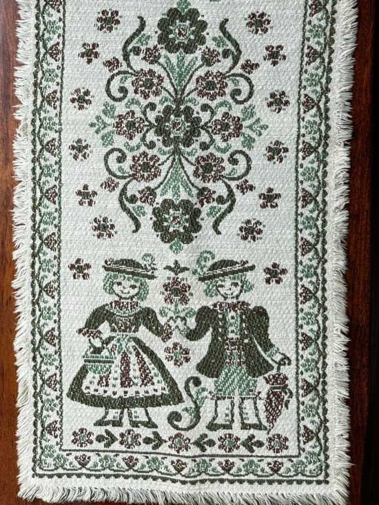 Handmade Other - Vintage Austrian Alpine Folk Art Table Runner Cotton Linen 12x29 Green Fringe